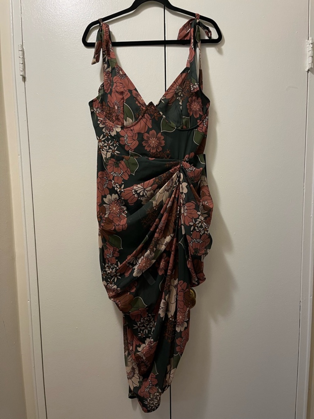 Floral Tie-Shoulder Ruched underwire detail drapeMidi Dress - Olive & Terracotta